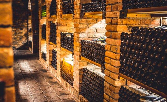 Weinkeller mit Fliesenboden und gemauerten Regalnischen.