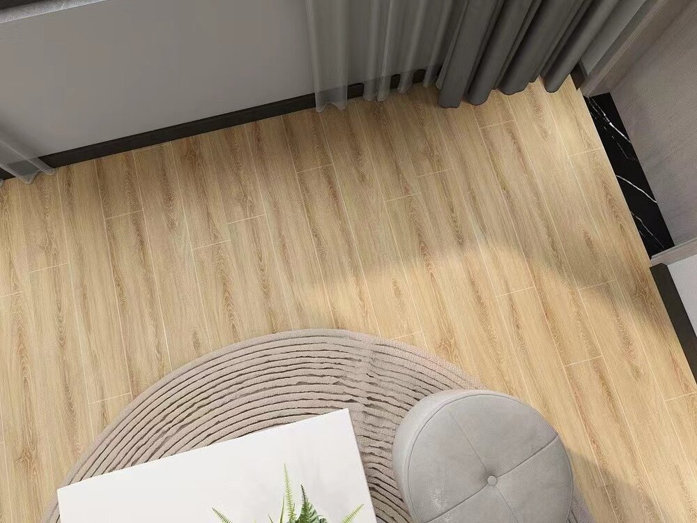 Vieste Vinylboden in heller Holzoptik mit rundem Teppich