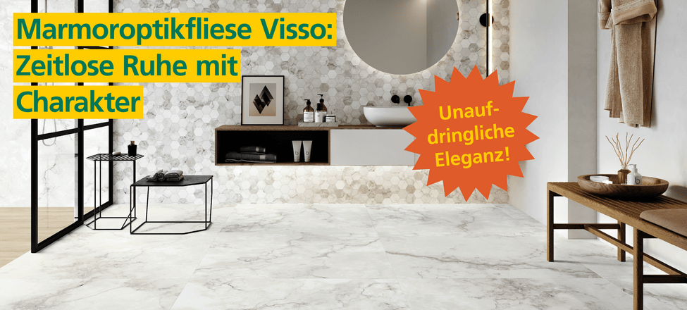 Helle Fliesenserie Visso in eleganter Marmoroptik mit feiner Aderung und ruhiger Raumwirkung
