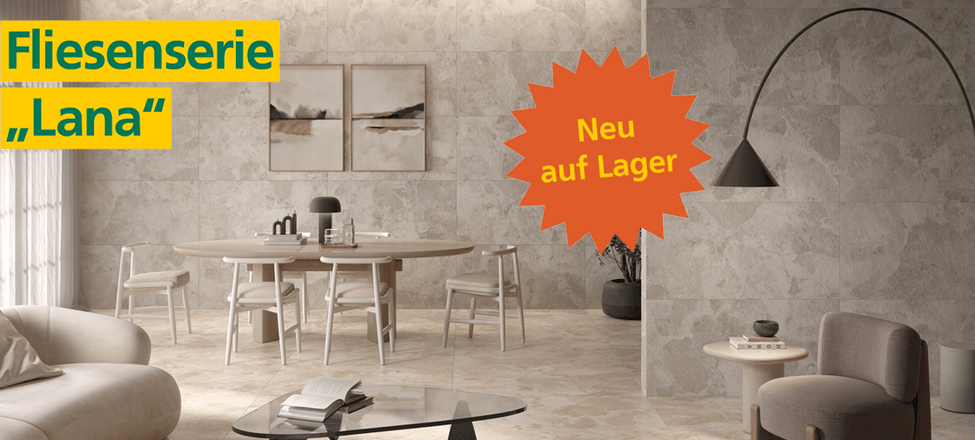 Helle Fliesenserie Lana in Natursteinoptik an Wand und Boden eines stilvollen Wohn- und Essbereichs