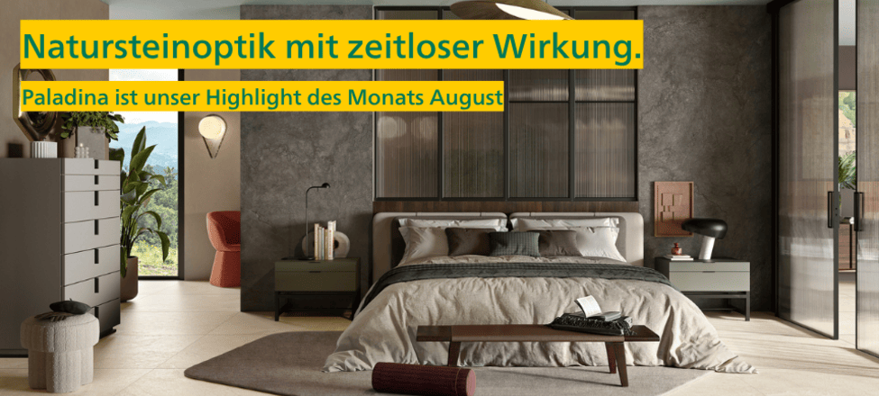Das Highlight des Monats August 2026 von Fliesen-Kemmler: Paladina Fliese in Natursteinoptik.