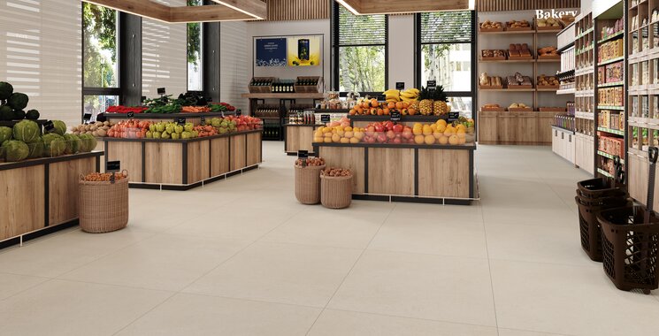Beige Bodenfliesen in Natursteinoptik in modernem Supermarkt